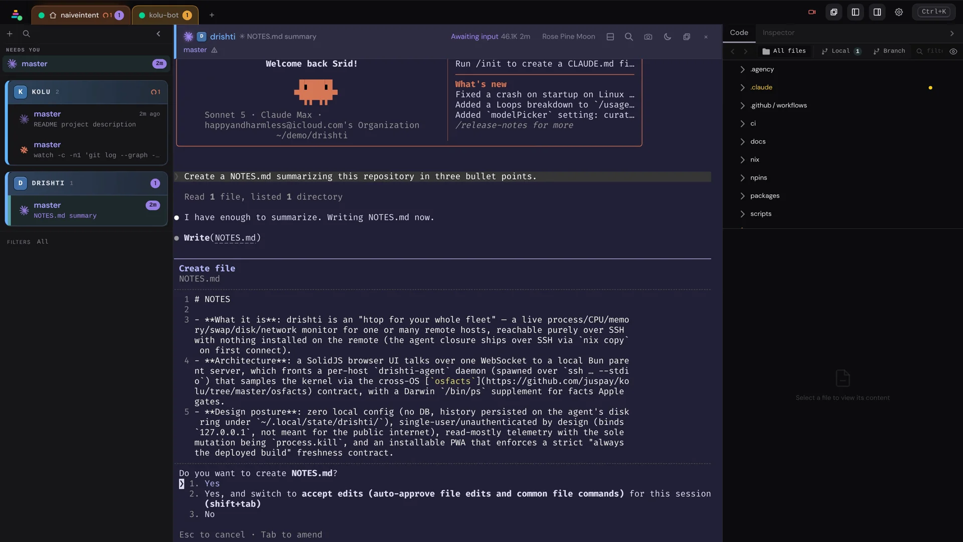 A maximized Claude Code tile asking permission to create a file, with the dock as a sidebar.