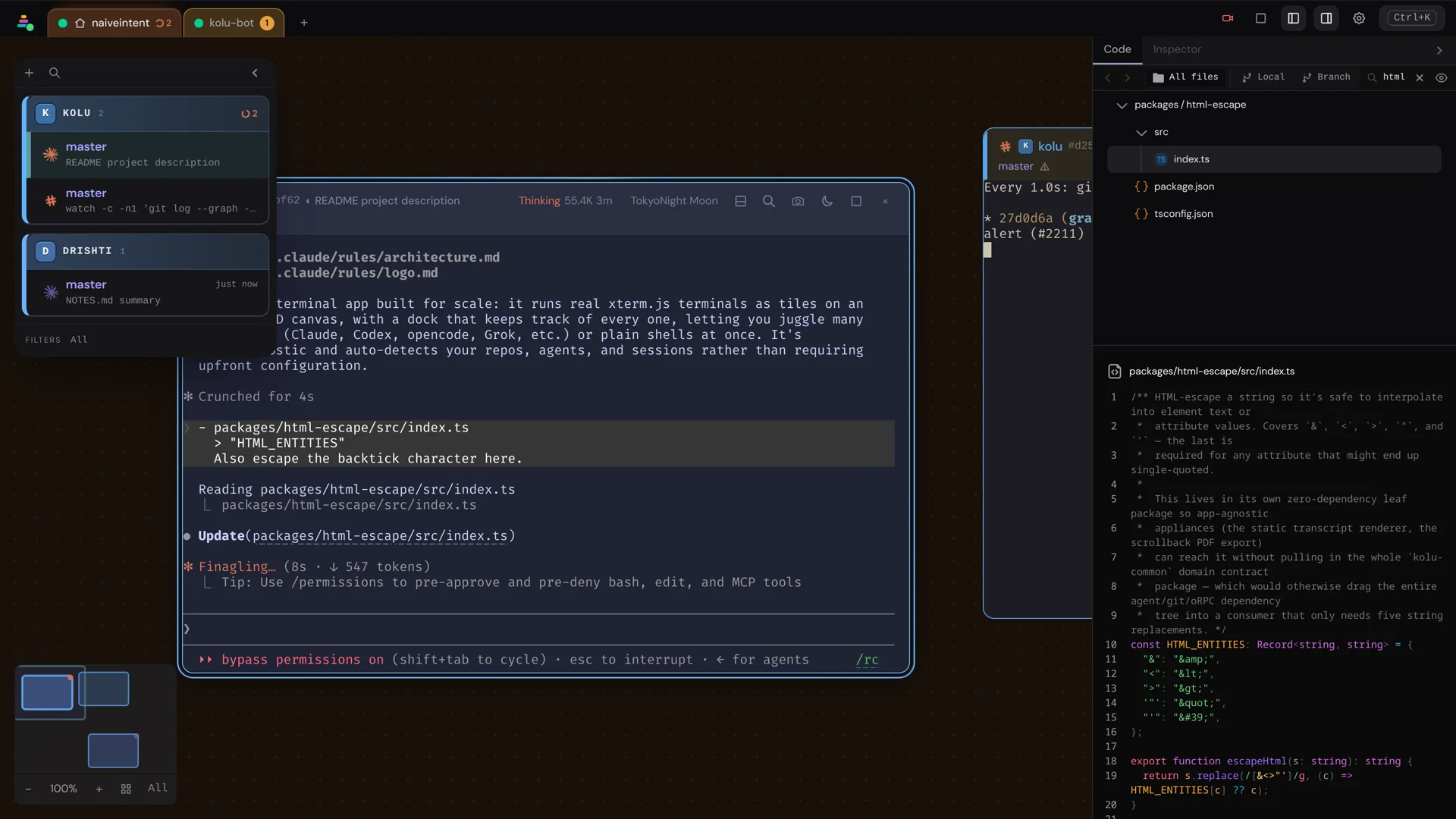 A review comment quoted inside a Claude Code terminal, next to the code browser showing the file it names.