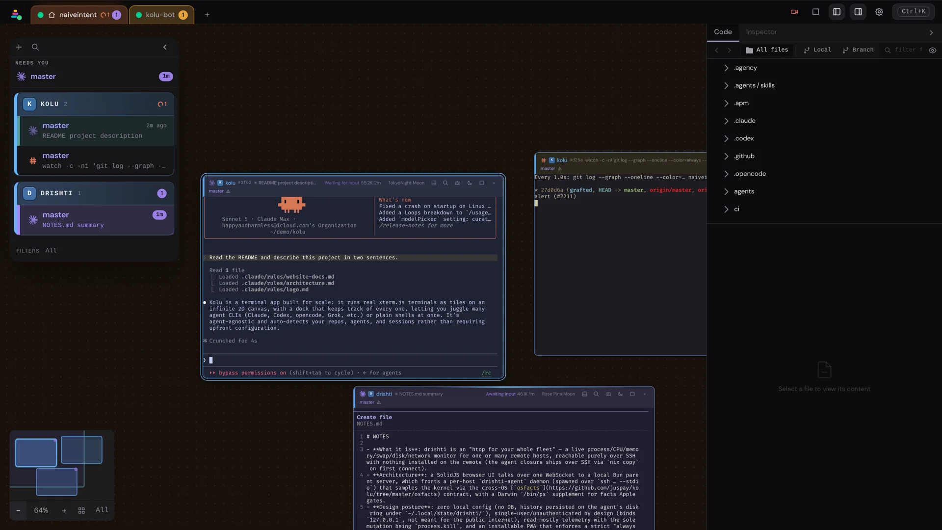 A fleet of three agent terminals laid out across the canvas, each with its own repo group in the dock.