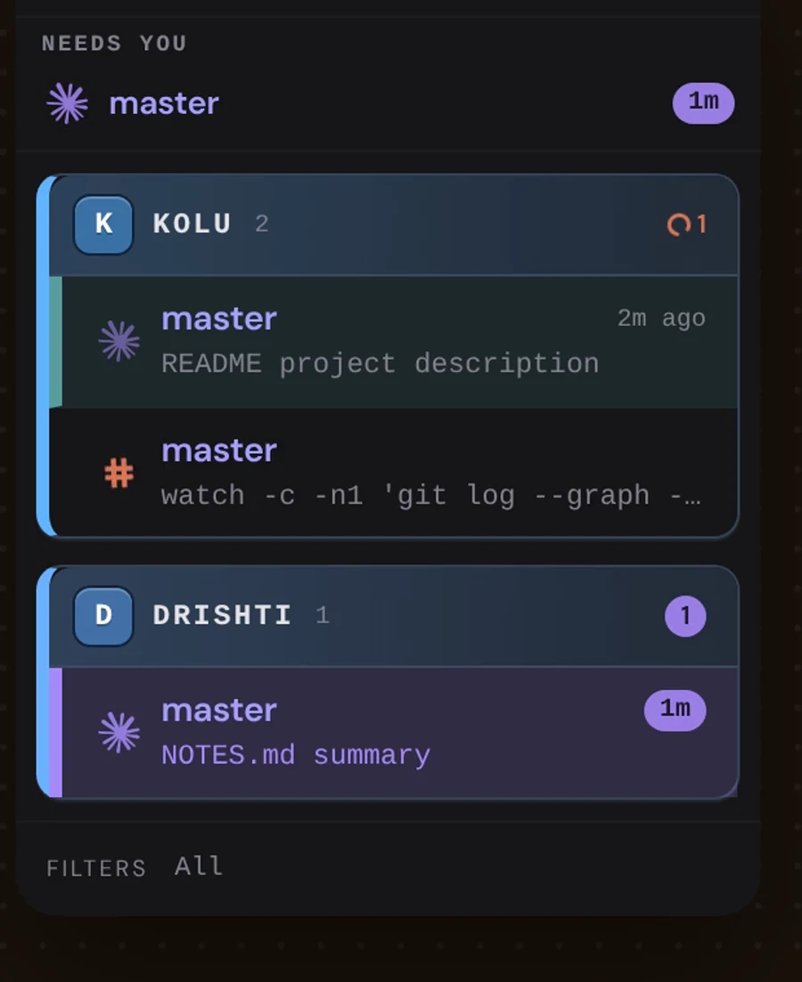 Kolu's dock with a pinned Needs-you strip above two repo groups, one entry waiting for a minute.