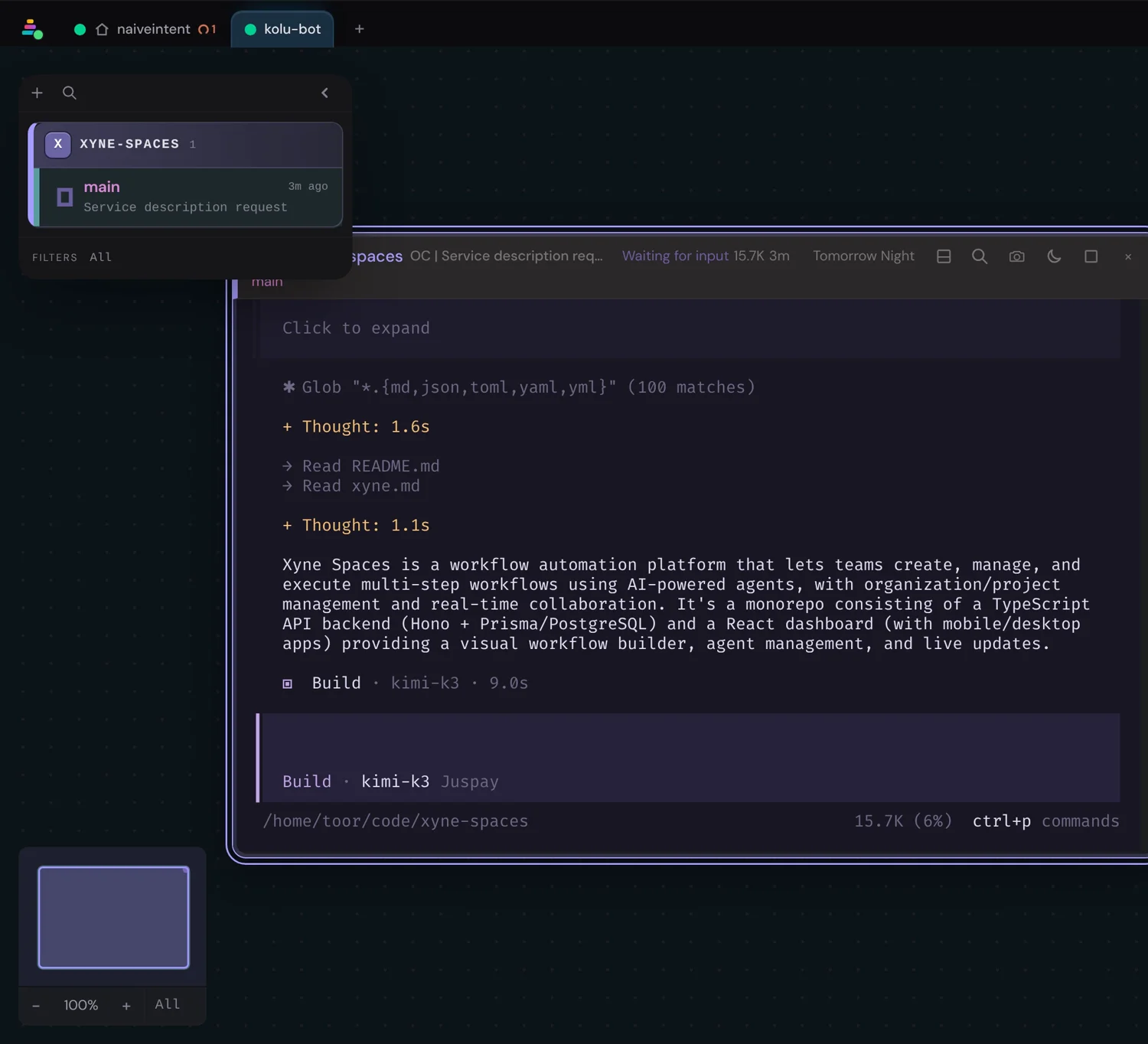 The canvas switched to a remote host tab, showing an opencode agent running on another machine.